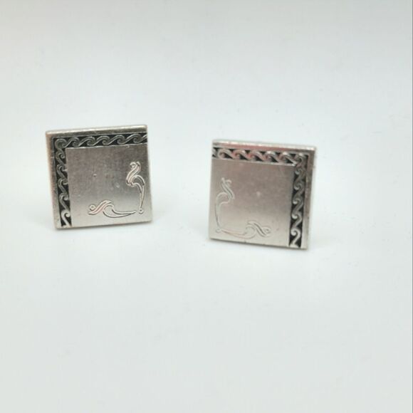 Mens Vintage Silver etched square cufflinks - Picture 2 of 4